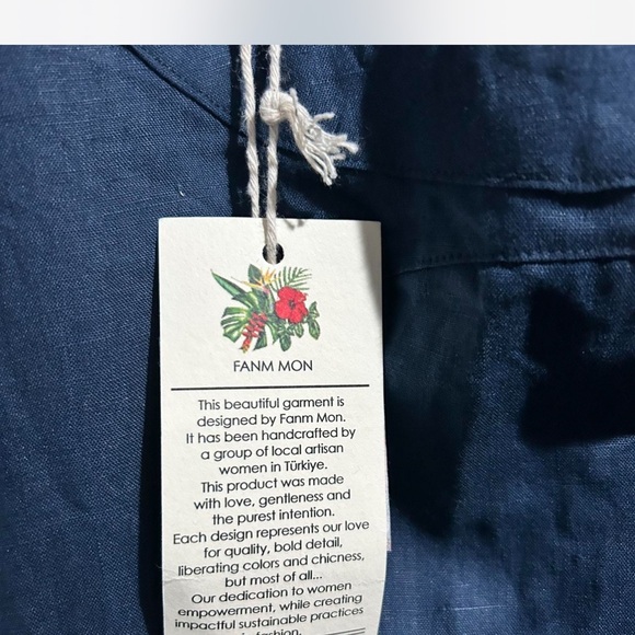 Linen Navy Blue Puff Short Sleeve Dress - Picture 2 of 6